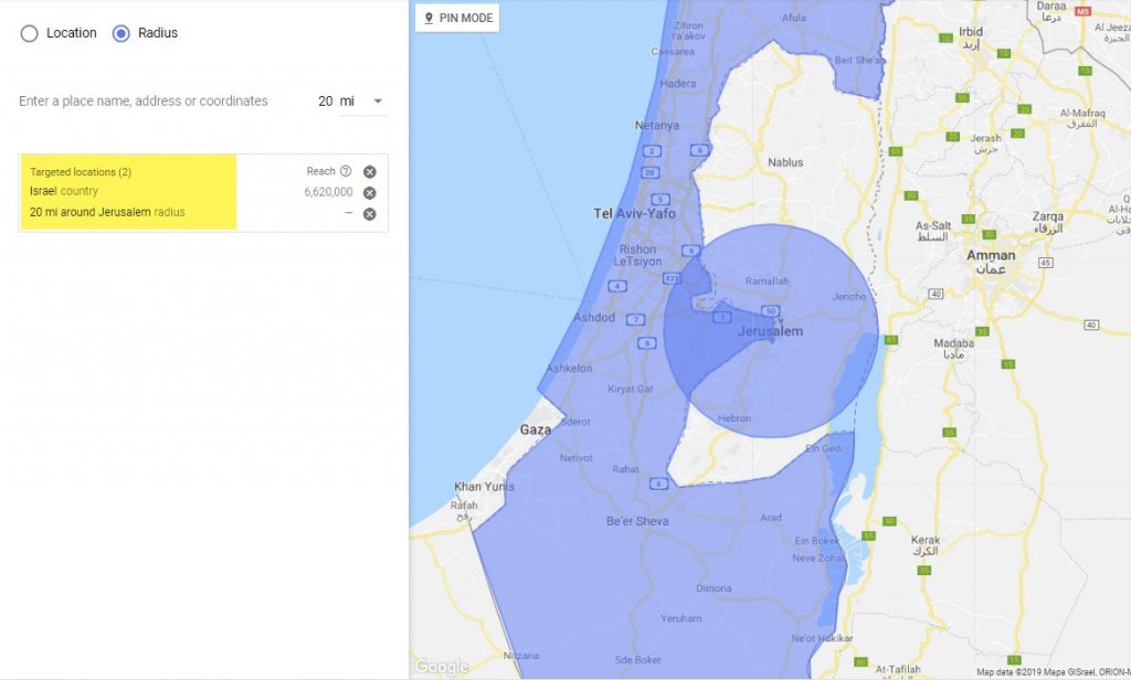 Google Ads location radius targeting shown in purple