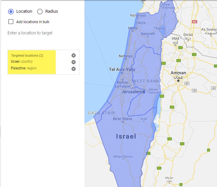 Google Ads location targeting of Israel and Palestine together