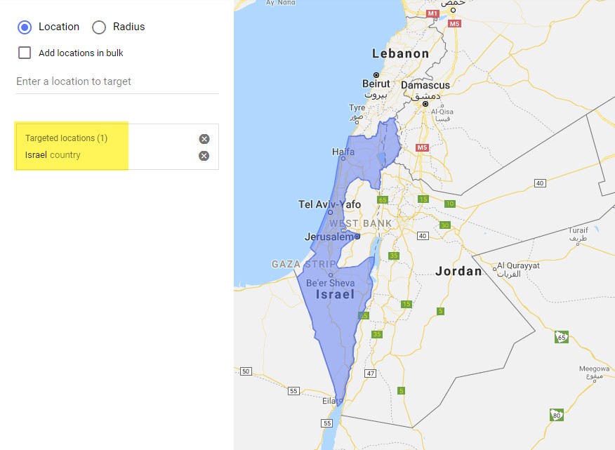 Google Ads location targeting for Israel shown in purple