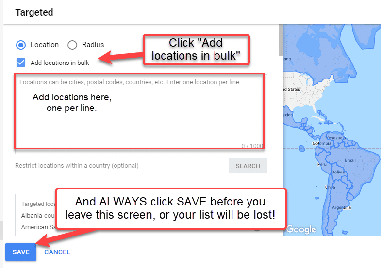 Add Locations screen in Google Ads