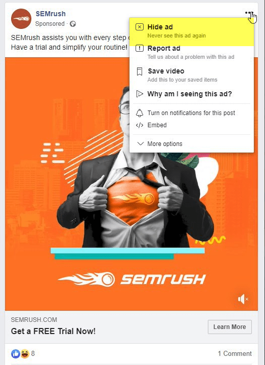 Picture of a SEM Rush ad showing a man openng his shirt revealing an orange shirt. Menu on top right is open to show 