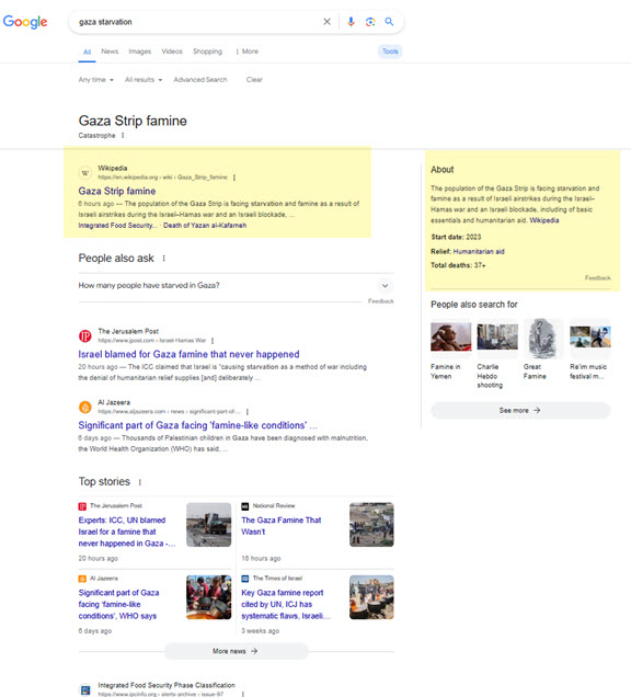 Google SERP Gaza starvation