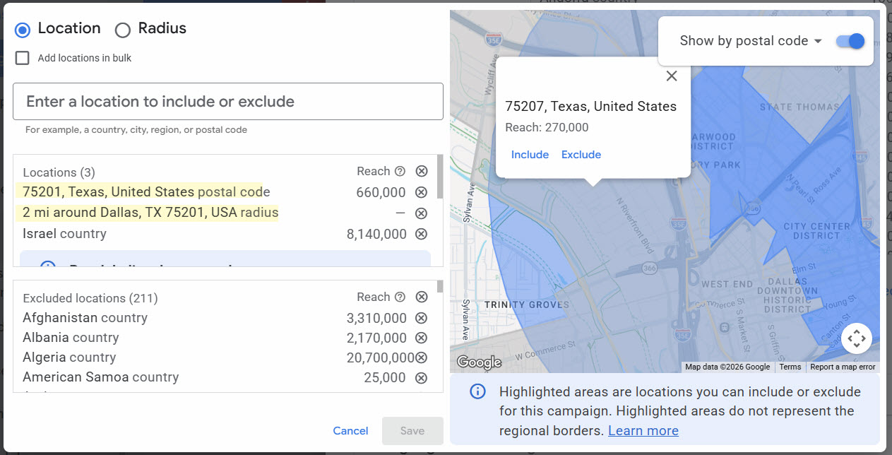 target by zip codes in Google Ads